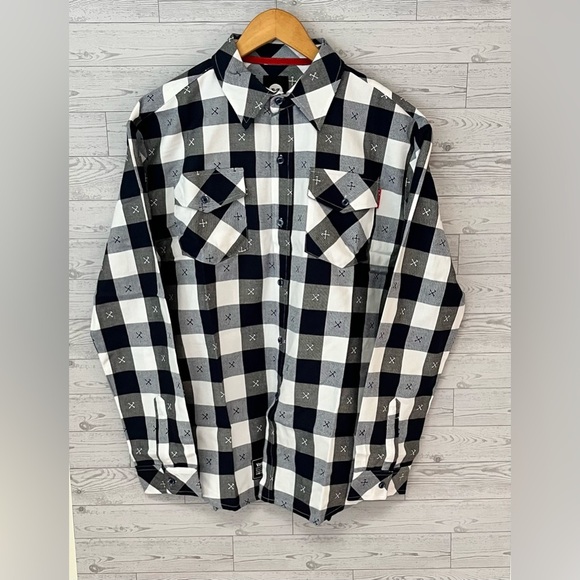 Vast Life Men's Large Casual Plaid Button Down Shirt Embroidered Black/White - Picture 1 of 10